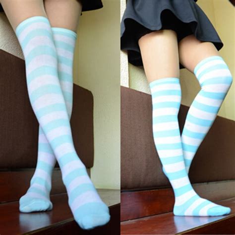 us women girls lady striped over the knee cotton stockings thigh high long socks ebay