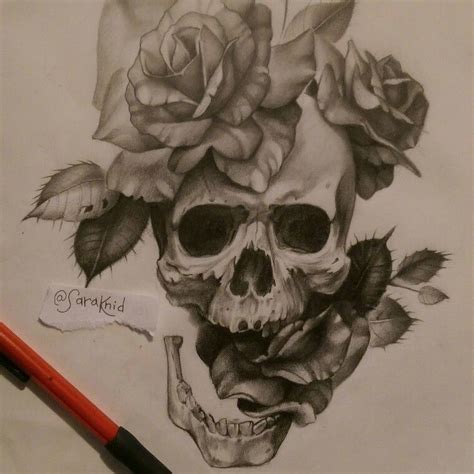 Badass Skull And Roses Tattoo Design Pencil On Vellum