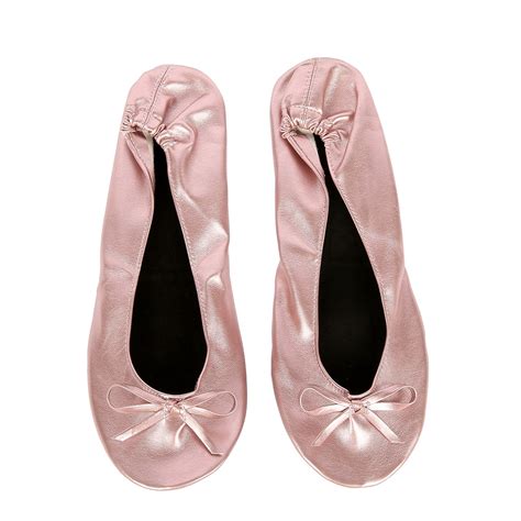 metallic pink portable fold up ballerina flat shoes roll
