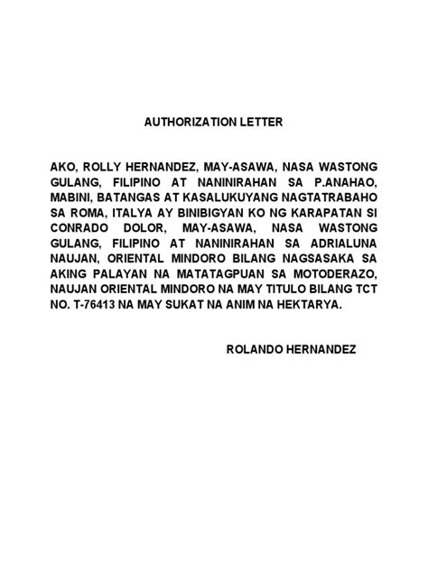 tagalog na authorization letter cho rolly