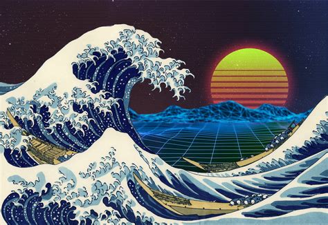 hd wallpaper retrowave retro style sea waves sunset purple great wave  kanagawa