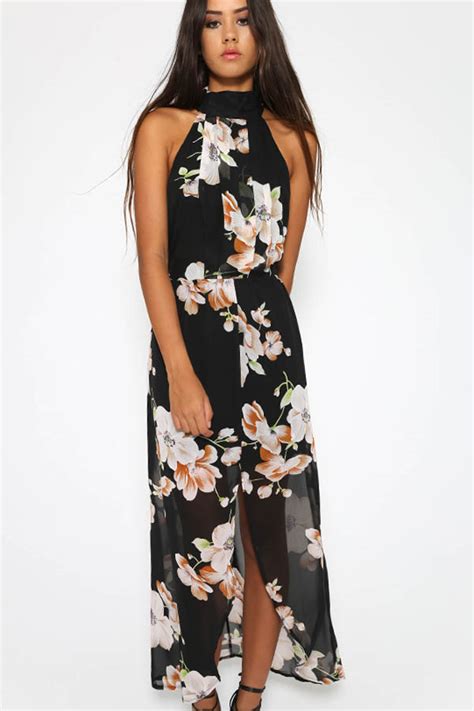 black floral print halter front slit maxi dress 026857