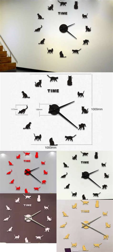 Modern Home Self Adhesive Diy 3d Cat Wall Clock Cat Clock