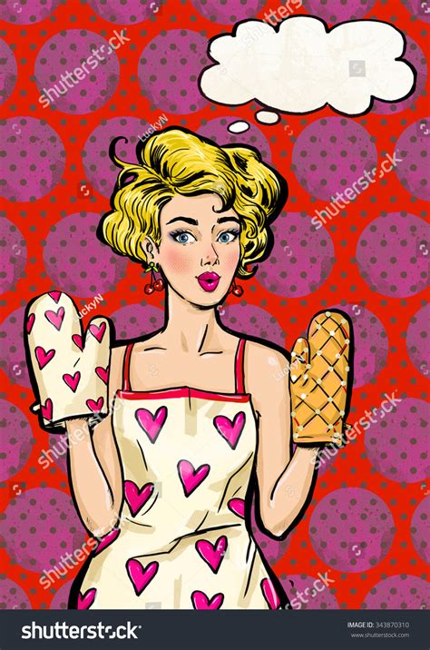 pop art girl apron oven mitts stock illustration 343870310