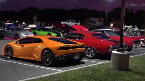 exotic and muscle cars leaving car show acceleration and burnouts youtube