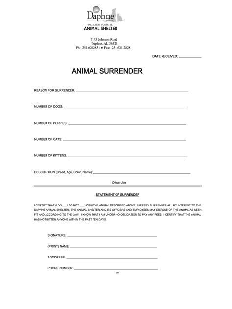 voluntary surrender printable animal surrender form template