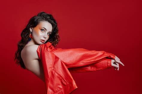 Premium Photo Beautiful Makeup Of Sexy Nude Woman In Red Jacket On Red