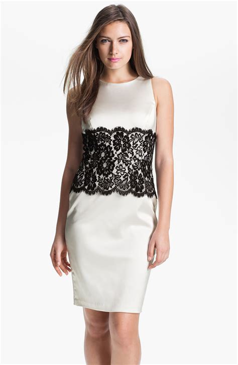 xscape lace panel satin sheath dress in white ivory black lyst