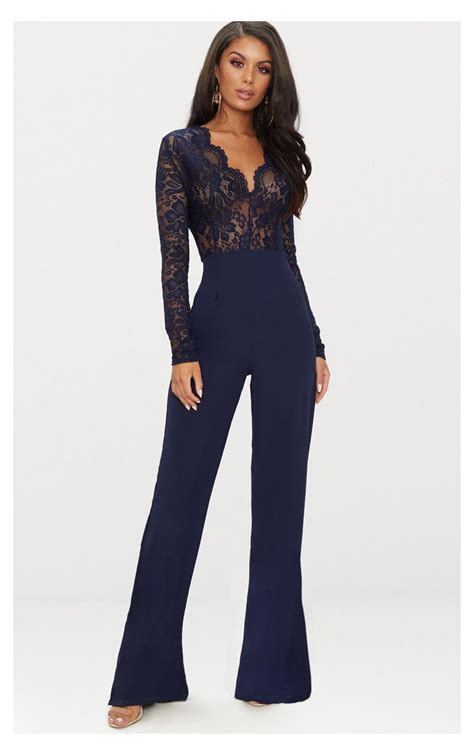 navy lace long sleeve plunge jumpsuit prom jumpsuit classy long sleeve navy lace long