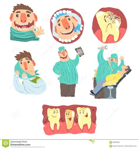 funny cartoon dentist and patient illustration set with