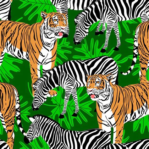 tiger  zebra seamless pattern  leave stock vector illustration  claw painting