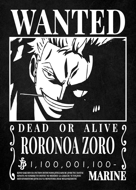 piece wanted zoro poster  anime black  white displate