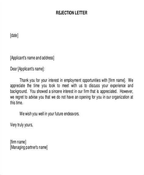 applicant rejection letters   word  format