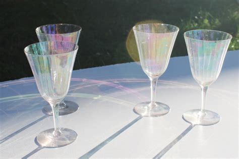 Vintage Iridescent Luster Glass Stemware Set Of 4 Water Goblets Or