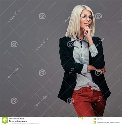 Pensive Fashion Blonde Woman In Trendy Clothes And Glasses