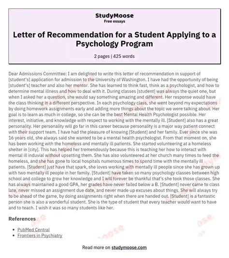 letter  recommendation   student applying   psychology program