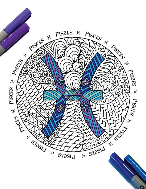 pisces zodiac symbol  zentangle coloring page scribble stitch