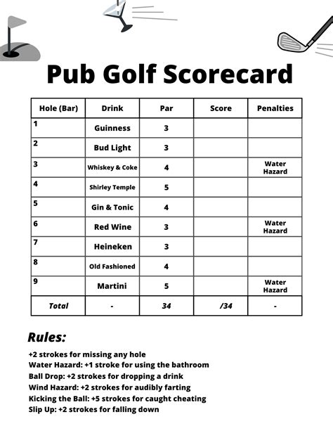 golf drinking game rules pub golf pub golf rules pub golf scorecard