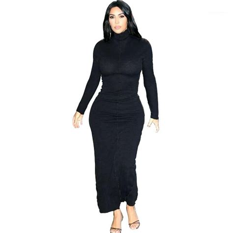 2021 kim kardashian womens bodycon dresses fashion black high neck long