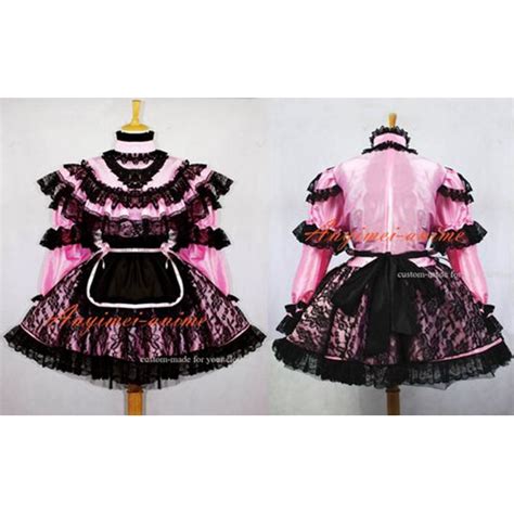 Sexy Sissy Maid Pink Satin Dress Lockable Uniform Dress Cosplay Costume
