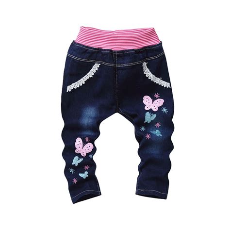 cute butterfly baby girl jeans lace cotton kids blue jeans patch flower
