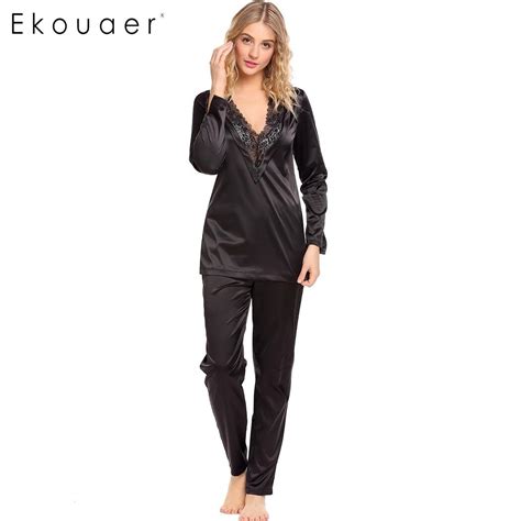 ekouaer women satin pajamas set sleepwear lace trim v neck long sleeve