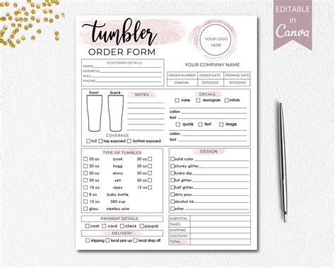 printable tumbler order form template printable forms