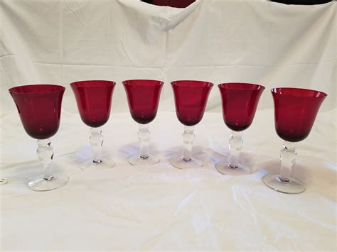 6 Ruby Red Glass Goblets With Crystal Stem Etsy