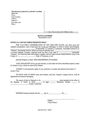 quit claim deed tennessee fill  printable fillable blank