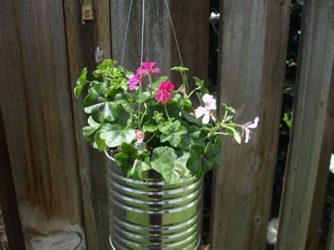 recycle metal cans  hanging flower baskets   spring party