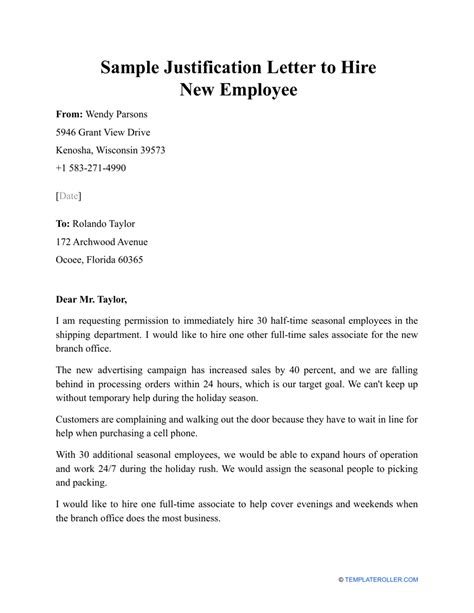 sample justification letter  hire  employee fill  sign