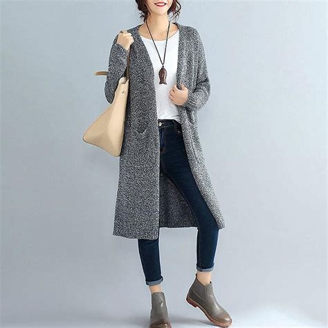 Autumn Women Knitted Back Hollow Out Casual Loose Long Sweater Cardigan
