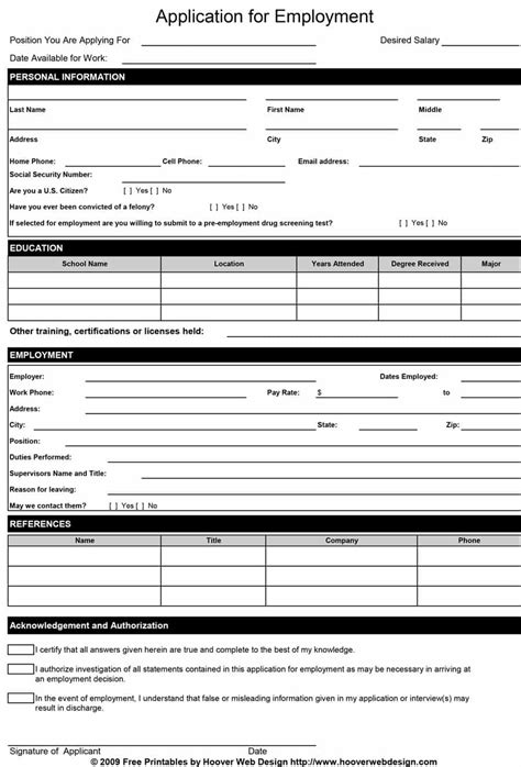 Generic Printable Employment Application Template Business Psd Excel