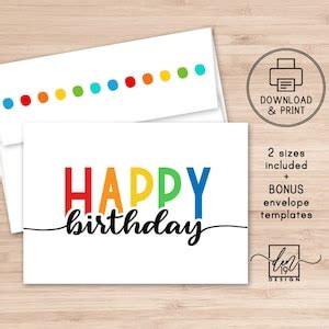 happy birthday printable card  envelope instant  etsy