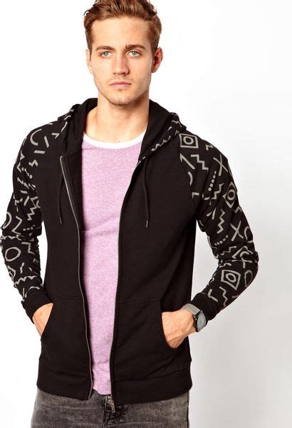 asos hoodie  printed sleeves  black  men lyst