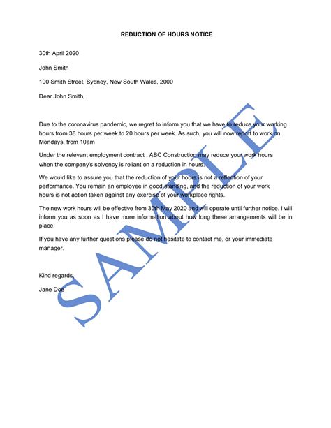 reduction  hours letter  employee template