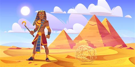 Ancient Egyptian Pharaoh With Rod In Desert With Pyramids