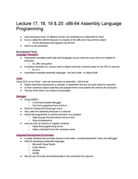 Lecture 17 – 20 X86 64 Assembly Language Programming Lecture 17 18