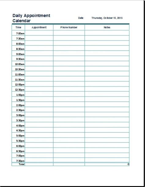 printable  day  minute appointment calendar sheets