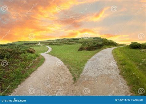 fork   road stock photo image  sunset road