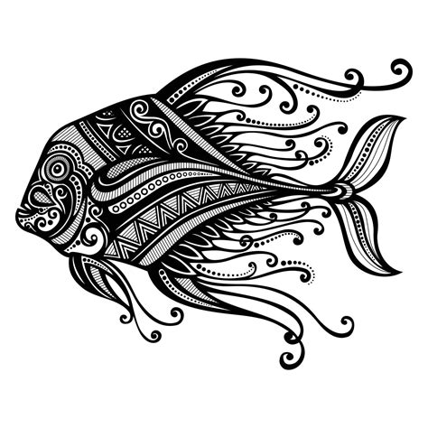 hand drawn mandala fish decorative ornament  coloring page print