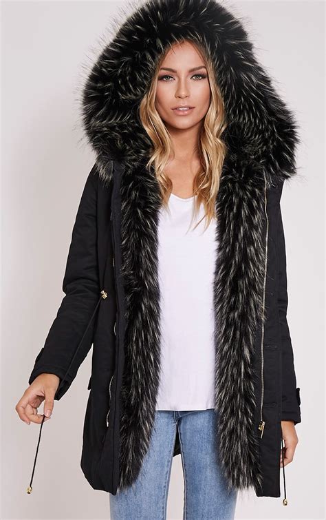 emmi black premium faux fur lined parka coat