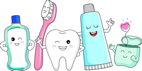 cute cartoon tooth character  mouthwash toothbrush toothpaste  dental floss dental
