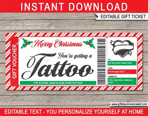 tattoo certificate template christmas gift card voucher ticket etsy
