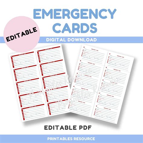 editable emergency wallet card editable  digital etsy