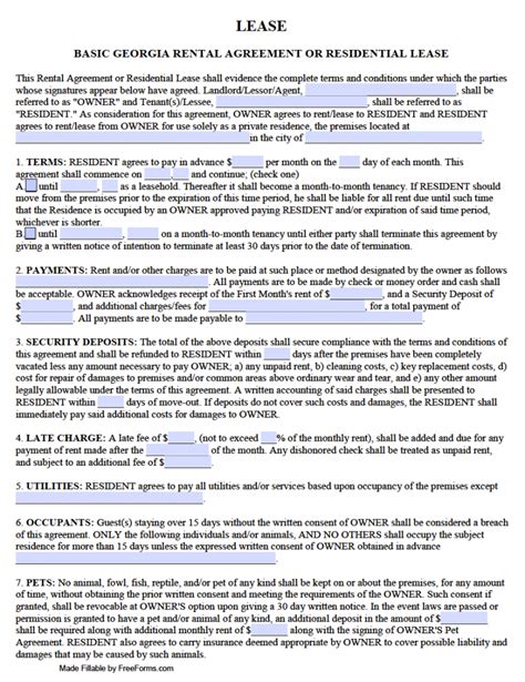 georgia standard residential lease agreement template  word