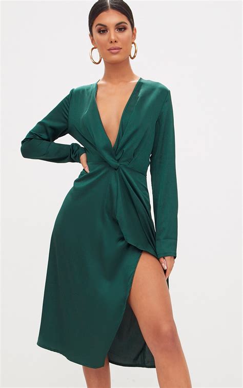 Emerald Green Satin Long Sleeve Wrap Midi Dress Prettylittlething Il