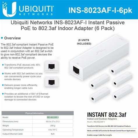 ubiquiti ins af   pack instant passive adapter af  indoor airmax  unifi devices