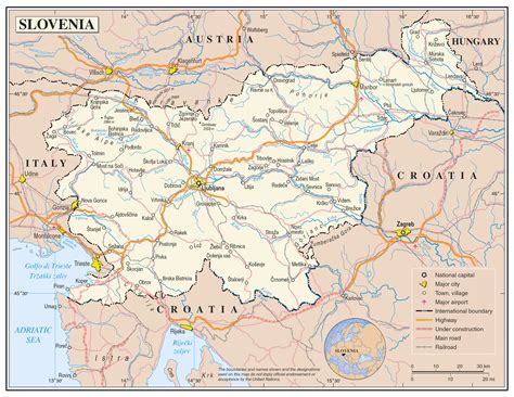large detailed political map  slovenia  roads cities  airports vidianicom maps
