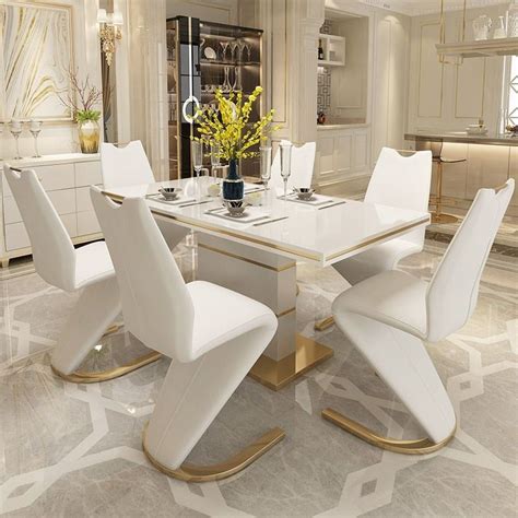modern stylish  white glass dining table rectangular gold metal large dining table dining